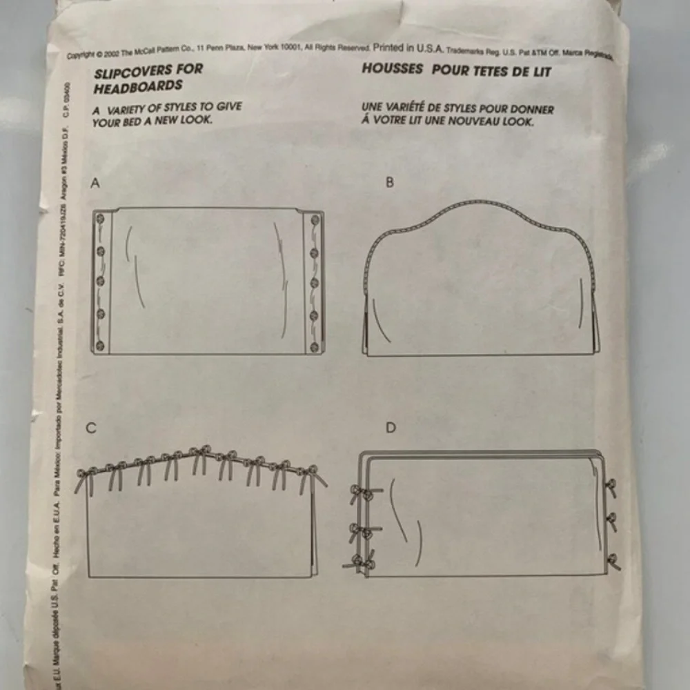 Sewing Pattern #3695 Headboard in 4 variations McCalls